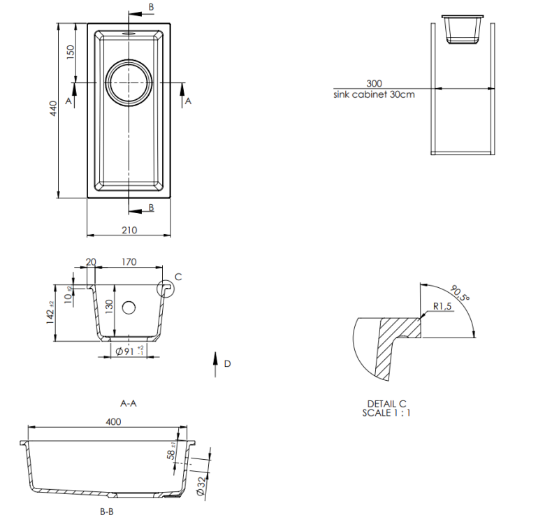 GraniteMy Universal évier petit en granit beige sable 17x40 cm à poser, à encastrer et à fleur avec bouchon noir 1208968005