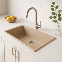 GraniteMy Universal évier en granit beige sable 74 x 40 cm à encastrer sous plan et à encastrer à fleur avec bouchon en acier inoxydable 1208968017