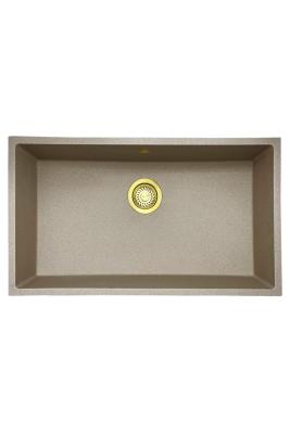 GraniteMy Évier universel en granit sable beige 74x40 cm montage en surface, sous-plan et affleurant avec bouchon doré 1208968018