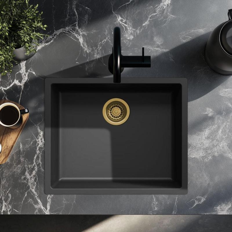 Évier noir 50x40cm encastré, posé ou affleurant avec bonde dorée 1208968037
