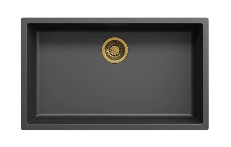 Grand évier noir 70 x 40 cm, encastrable sous plan et à fleur, avec bouchon doré 1208968040