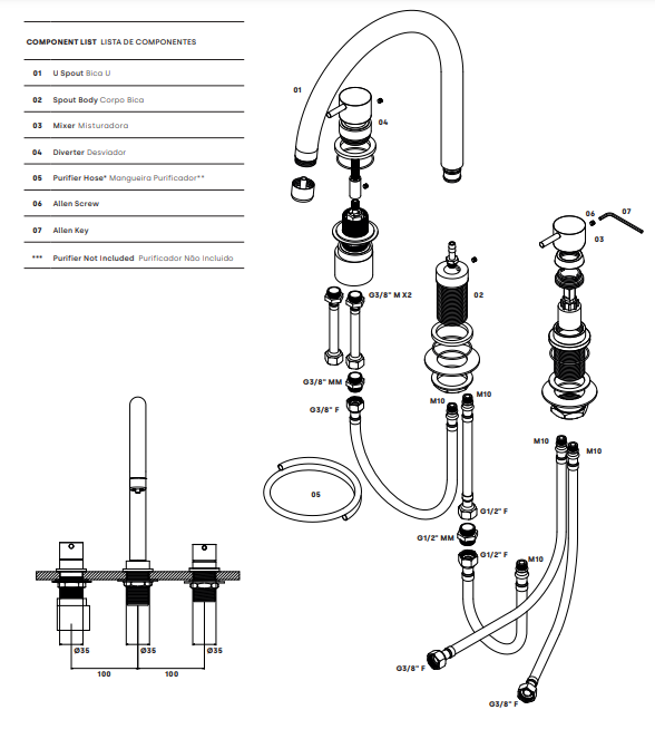 Waterevolution Flow robinet de cuisine à 3 trous avec bec pivotant et raccordement pour eau filtrée chrome T152U01