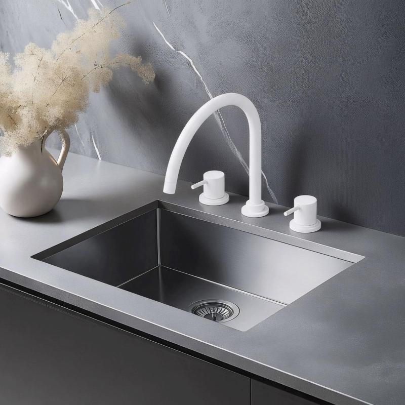 Waterevolution Flow robinet de cuisine à 3 trous avec bec pivotant et raccordement pour eau filtrée blanc T152UBR