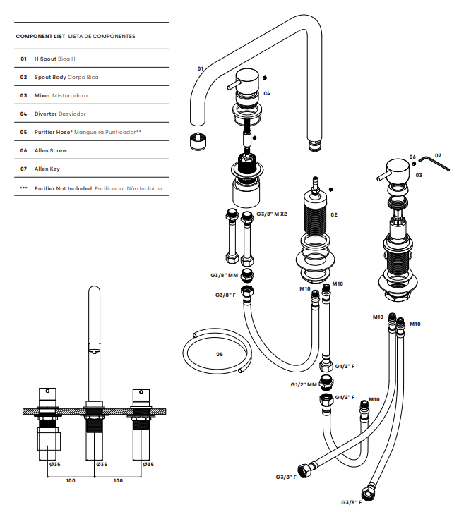 Révolution de l'eau Flow robinet de cuisine à 3 trous avec bec pivotant et raccord pour eau filtrée en acier inoxydable T152HIE