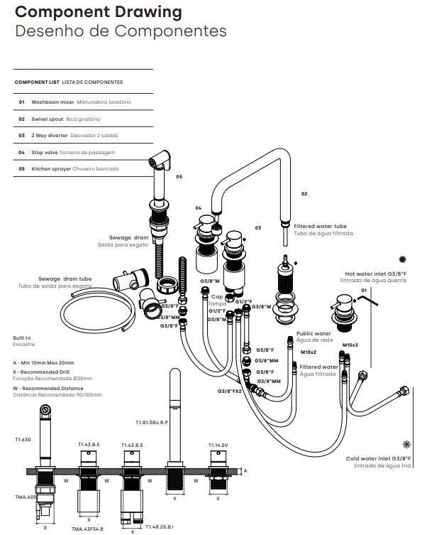 Waterevolution Flow robinet de cuisine à 5 trous avec bec coudé, douchette extractible et raccord pour eau filtrée en laiton T154HLE