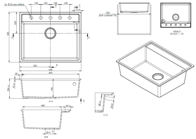 Évier en granit GraniteMy Bremen 64x52 cm Noir – Montage en surface, sous-plan et à fleur avec plage pour robinet et bonde en inox 1208969992