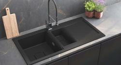 GranitMy Zafiri Évier en Granit Noir 1,5 Bac 100x50 cm avec Égouttoir, Réversible, avec Couvercle de Bonde Carré Noir 1208969998