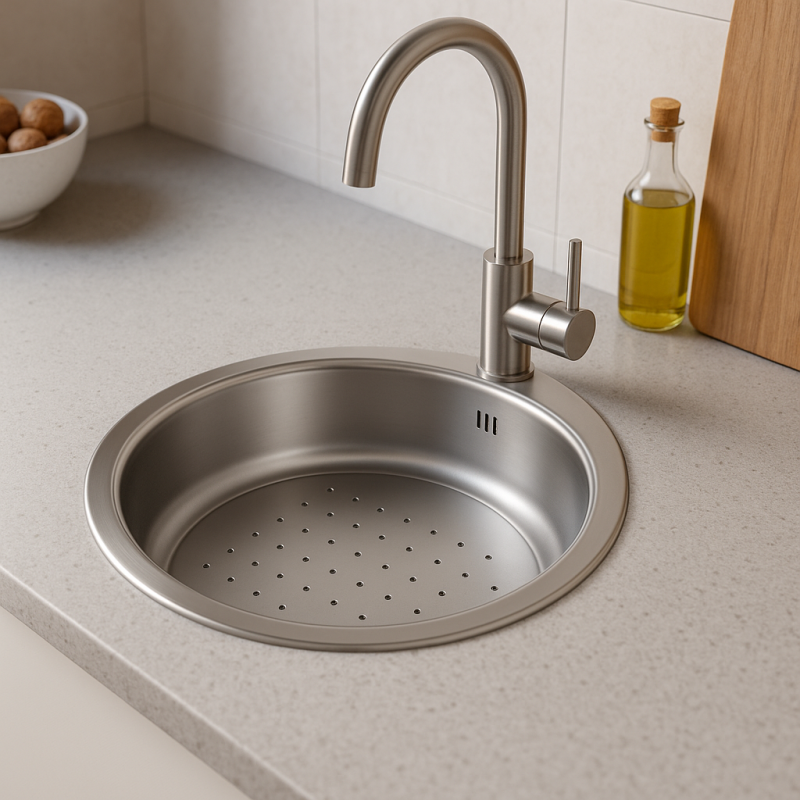 Banka P18380 Évier rond peu profond en acier inoxydable avec égouttoir 45 cm Montage en surface et sous plan 1208970057