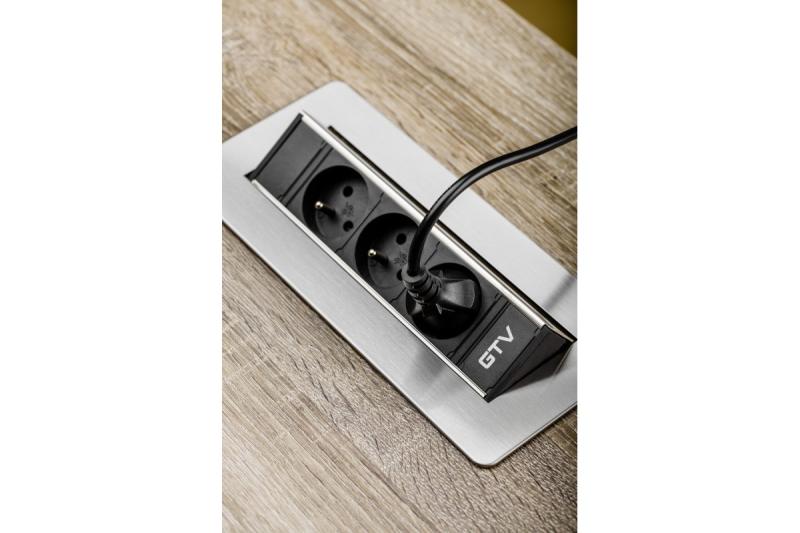 Rallonge de bureau sans cassette, triple prise avec mise à la terre, câble d'alimentation de 1,5 m avec fiche, inox.