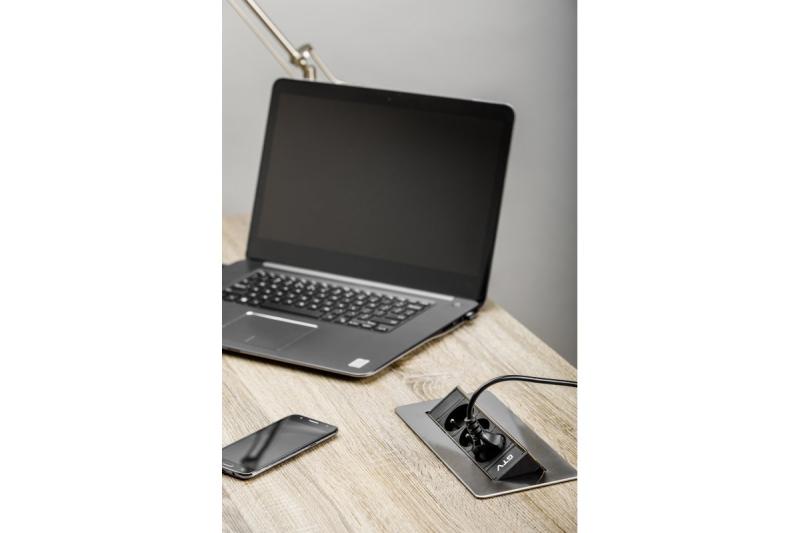 Rallonge de bureau sans cassette, triple prise avec mise à la terre, câble d'alimentation de 1,5 m avec fiche, inox.