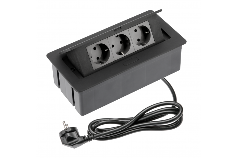 Prise de meubles SOFT 3x prise Schuko, câble d'alimentation avec fiche, noir.