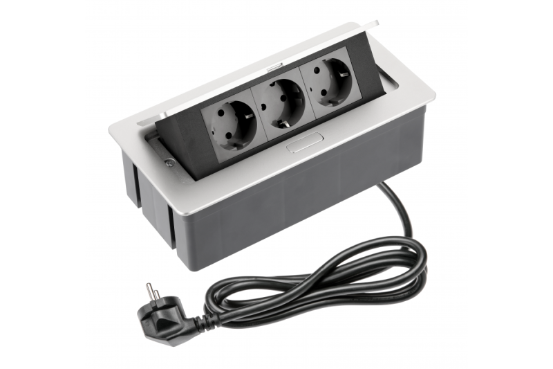 PRISE douce pour meubles 3x prise Schuko, câble d'alimentation avec fiche, aluminium