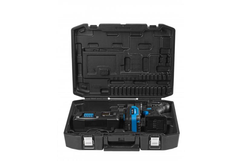 Perceuse sans fil HÖGERT 18V, ensemble avec batterie, chargeur, porte-embouts, et magasin de forets.
