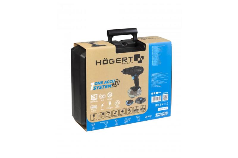 Perceuse sans fil HÖGERT 18V, ensemble avec batterie, chargeur, porte-embouts, et magasin de forets.