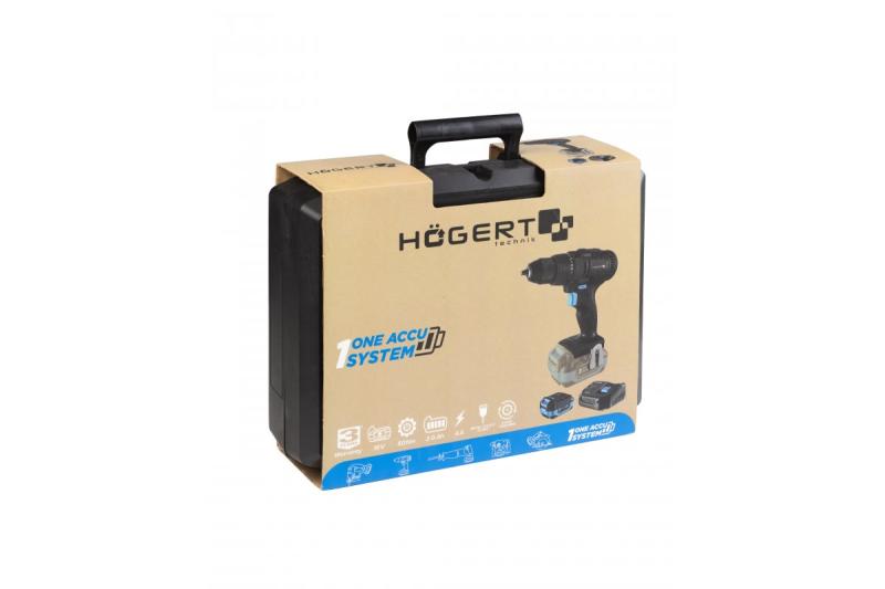 Perceuse sans fil HÖGERT 18V, ensemble avec batterie, chargeur, porte-embouts, et magasin de forets.
