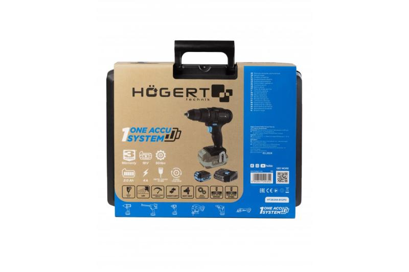 Perceuse sans fil HÖGERT 18V, ensemble avec batterie, chargeur, porte-embouts, et magasin de forets.