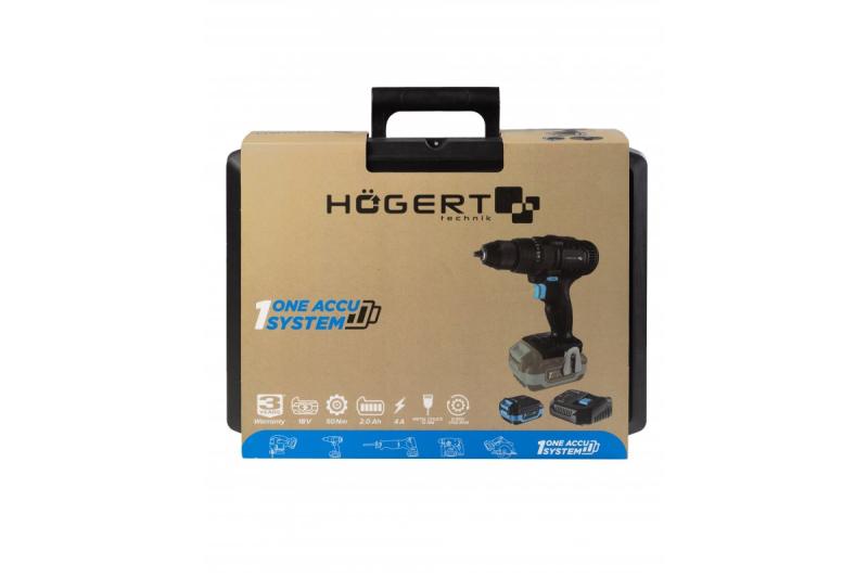 Perceuse sans fil HÖGERT 18V, ensemble avec batterie, chargeur, porte-embouts, et magasin de forets.