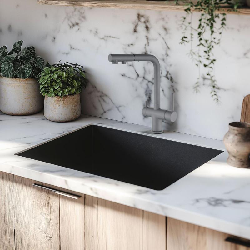 Mitigeur de cuisine à 3 voies Ausmann Ellington avec bec rétractable et eau filtrée – Gris – 1208970494