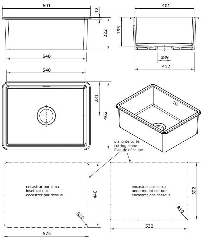 Ausmann Céramique Ember Évier en Céramique Noir Mat - Montage en Surface et sous Plan 54 x 40 cm 1208970511