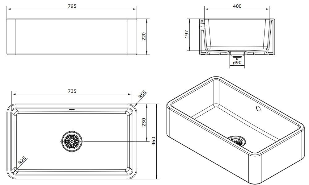 Ausmann Ceramic Mira Évier en Céramique Blanc - Encastré et Semi-encastré 795 x 460 mm 1208970515