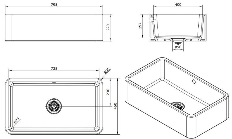 Ausmann Ceramic Mira Évier en Céramique Blanc - Encastré et Semi-encastré 795 x 460 mm 1208970515