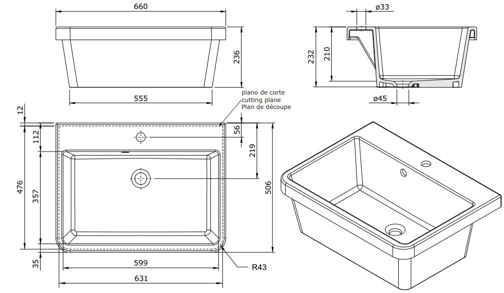 Ausmann Ceramic Frost Évier en Céramique Blanc - Encastré 660 x 506 mm avec plage de robinet 1208970517