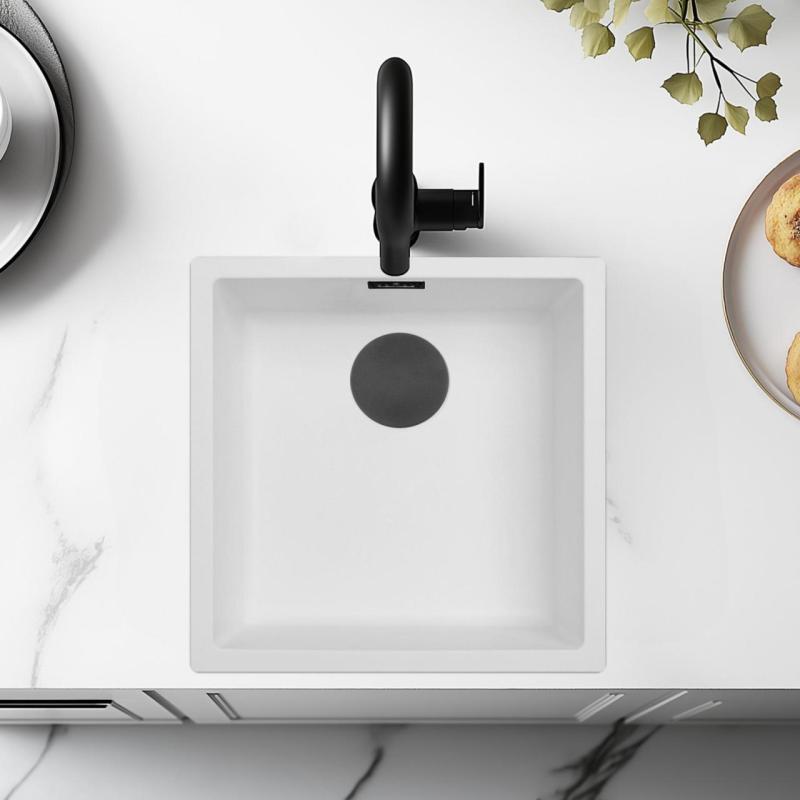 Évier Blanc 40x40 cm Encastré, Posé et À Fleur avec Bouchon Noir Mat 1208970535