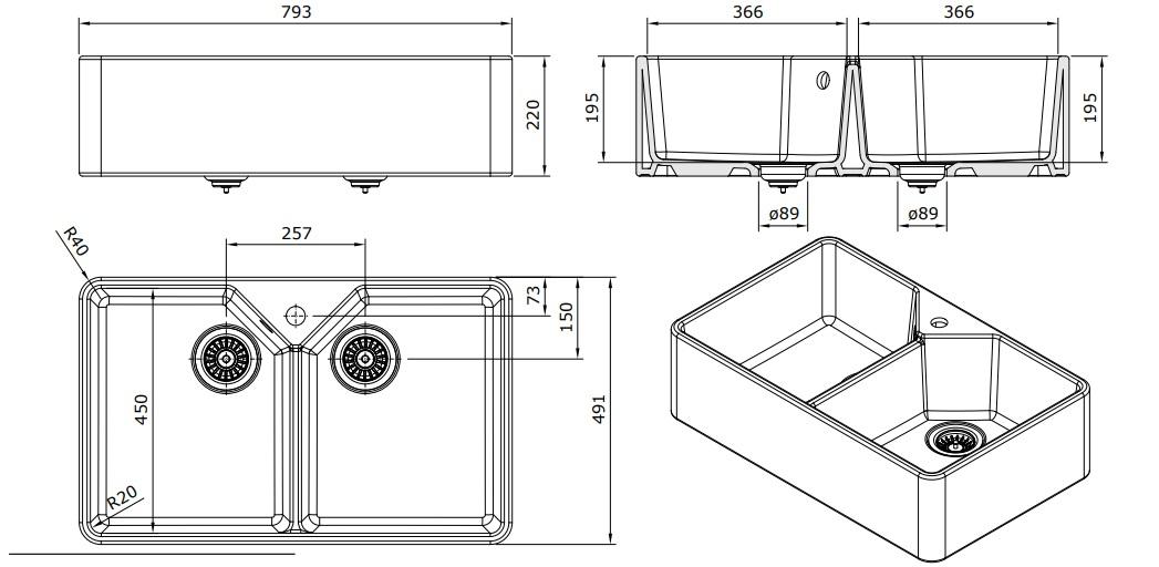 Ausmann Céramique Mira Évier Double en Céramique Blanc - Montage Sous-plan et Semi-encastré 793 x 450 mm avec égouttoir 1208970550