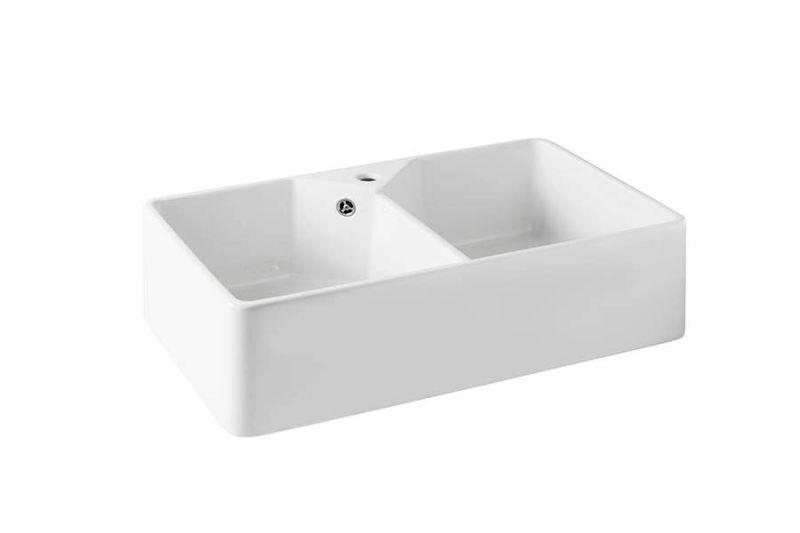 Ausmann Ceramic Mira Céramique Blanche Évier Double - Sous-comptoir et Inter-comptoir 793 x 450 mm avec perçage pour robinet et bouchon en inox 1208970550