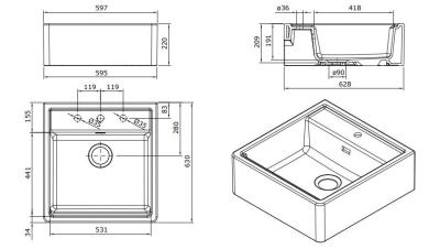 Ausmann Ceramic Panor Shade Évier en Céramique Blanc Butler - Sous-plan et Semi-encastré 630 x 597 mm avec plage pour robinet et bouchon en inox 1208970560.