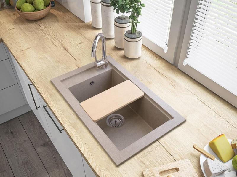 Graniteland Magra Granit Beige Évier de surface 686 x 427 mm avec trou pour robinet et bouchon en inox 1208970617