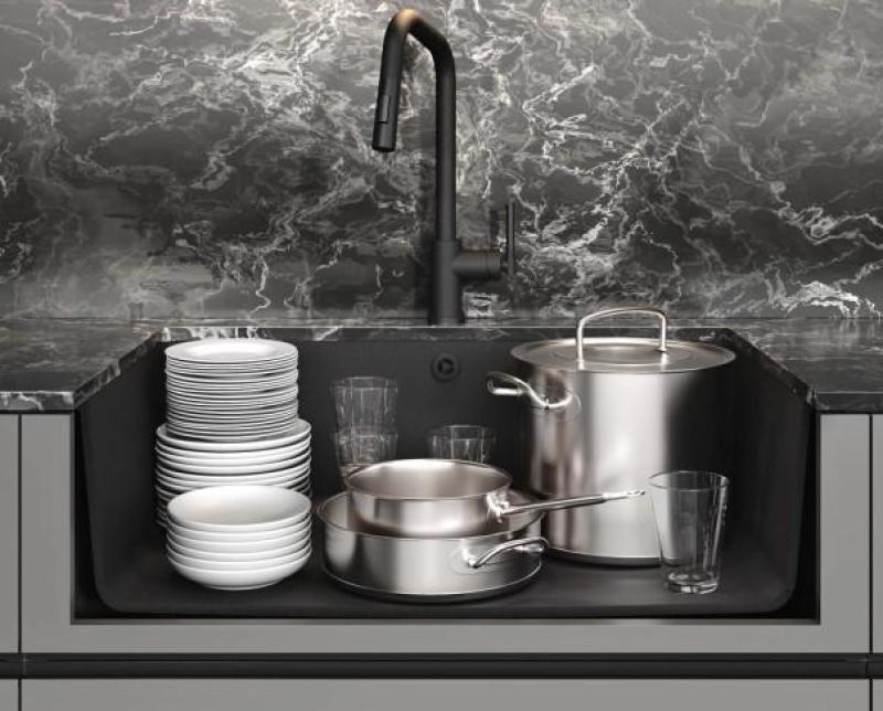 AquaGranite Modulo R19 grand évier en granit noir 76x43 cm sous plan et encastré avec bouchon en inox 1208970688