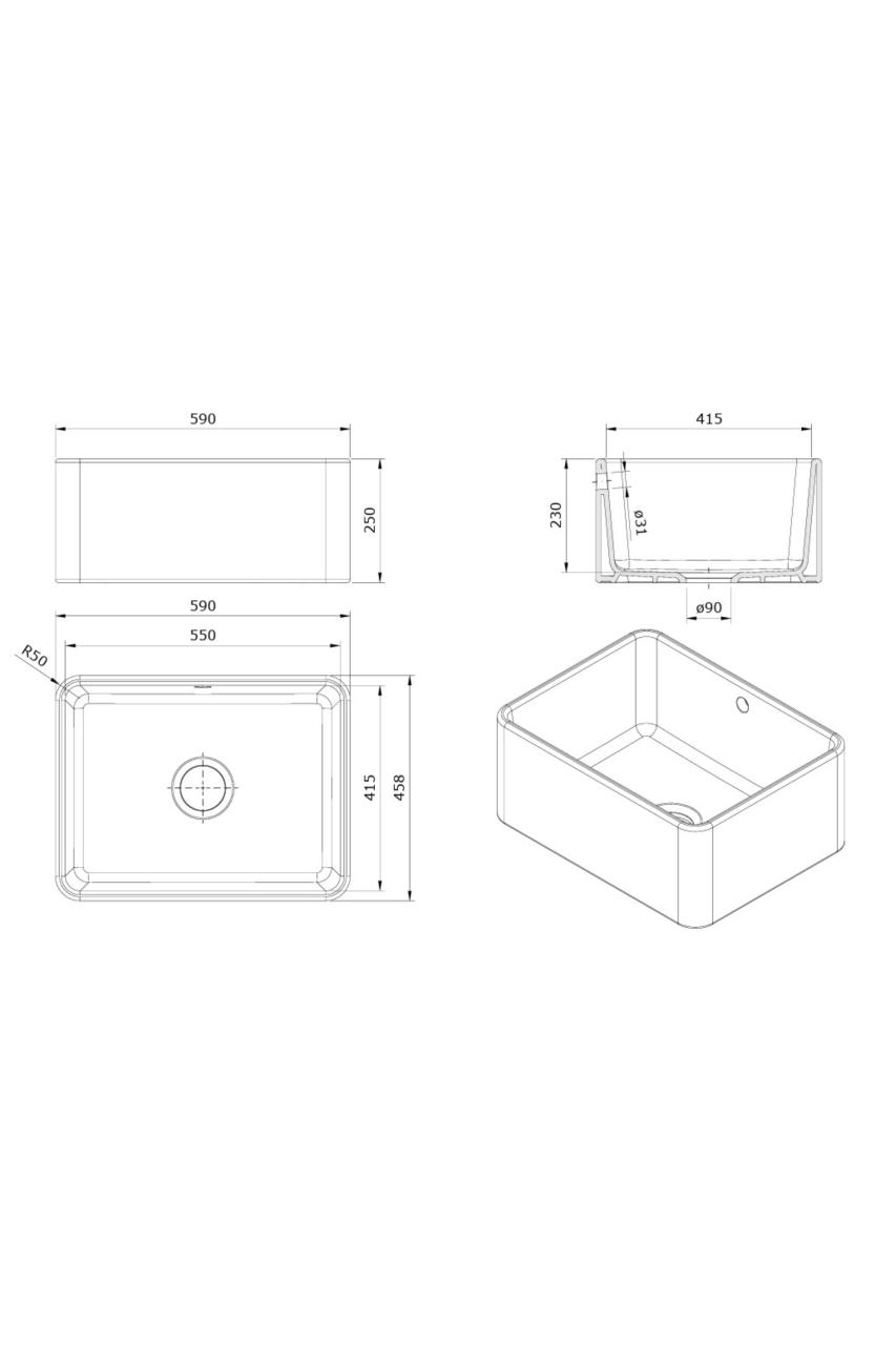 Ausmann Ceramic Mira Évier en Céramique Blanc - Montage sous plan et semi-affleurant 590 x 458 mm avec bouchon en acier inoxydable 1208970733