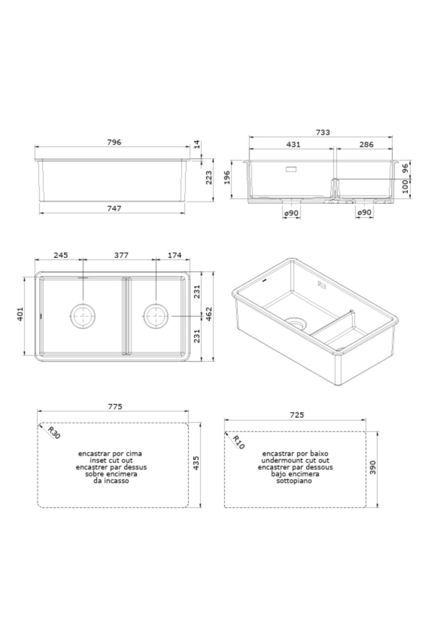 Ausmann Évier en céramique Ember Blanc à Une et Demie Cuve Montage en Surface et Sous-Plan 733 x 401 mm avec Bouchons en Acier Inoxydable 1208970737