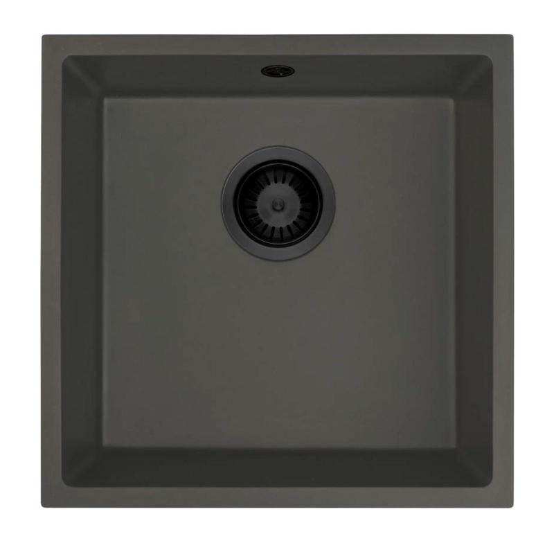GraniteMy Universel Granite Gris, foncé Évier 40x40 cm Montage en surface, sous plan et à fleur avec Bouchon Noir 1208970747