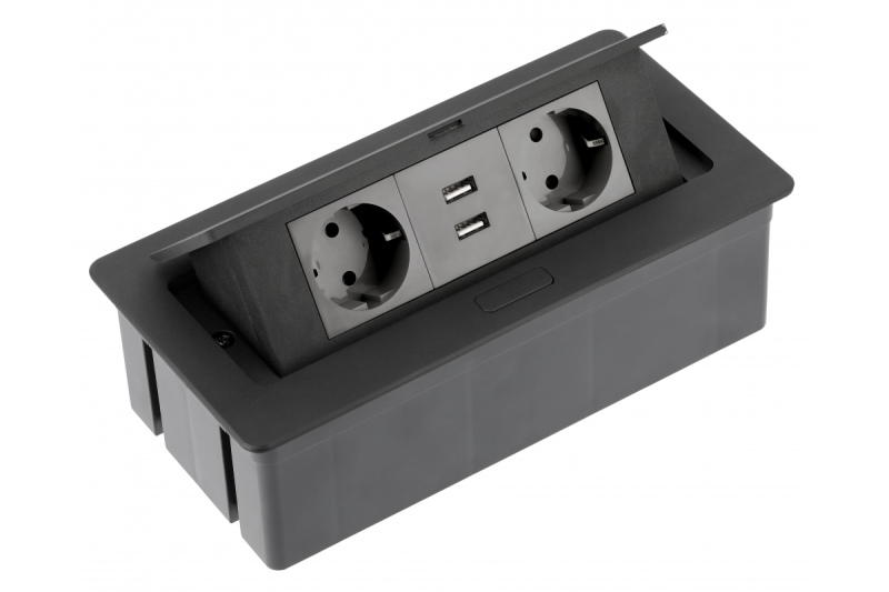 Rallonge de bureau SOFT 2x prise Schuko, USB 2.1A, câble d'alimentation avec fiche, noir