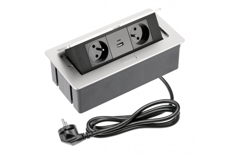 PRISE meuble douce 2x avec mise à la terre, USB A+C, câble d'alimentation avec prise, aluminium.