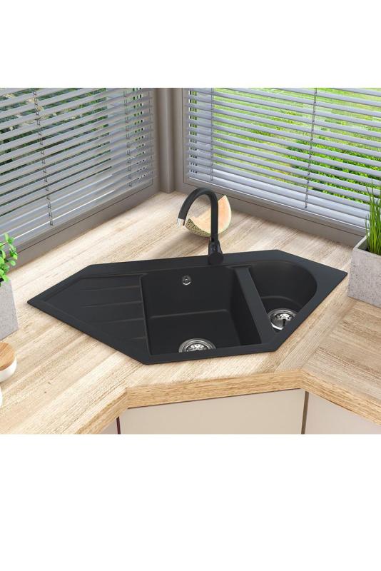 Graniteland Amiata Évier d'angle en granit noir à poser 965x496mm avec bouchon en inox 1208971120