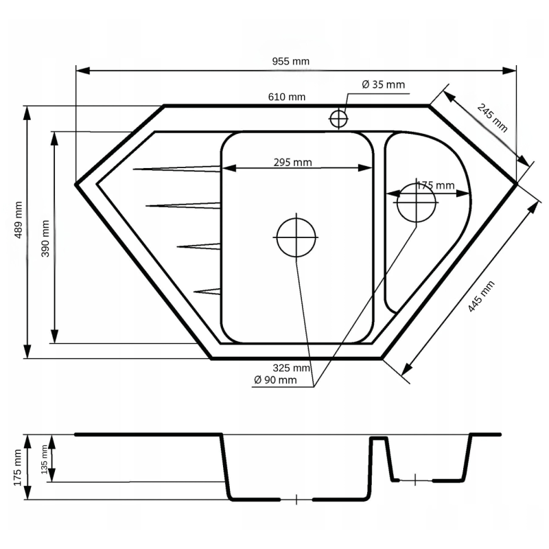 Graniteland Amiata Évier d'angle en granit noir à poser 955 x 489 mm avec bouchon en acier inoxydable 1208971120
