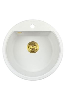 GraniteMy Bremen évier rond en granit 43 cm blanc à poser et à encastrer avec trou pour robinet et bouchon doré 1208971219