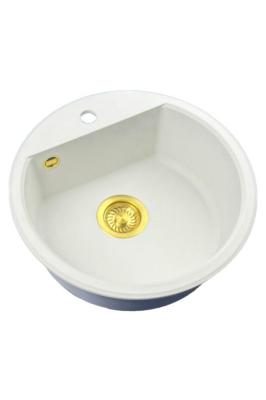 GraniteMy Bremen évier rond en granit 43 cm blanc à poser et à encastrer avec trou pour robinet et bouchon doré 1208971219