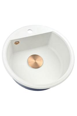 Mon évier rond en granit Bremen de 43 cm blanc, à poser et à encastrer, avec un trou pour robinet et un bouchon en cuivre 1208971222