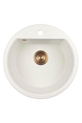 Mon évier rond en granit Bremen de 43 cm blanc, à poser et à encastrer, avec un trou pour robinet et un bouchon en cuivre 1208971222