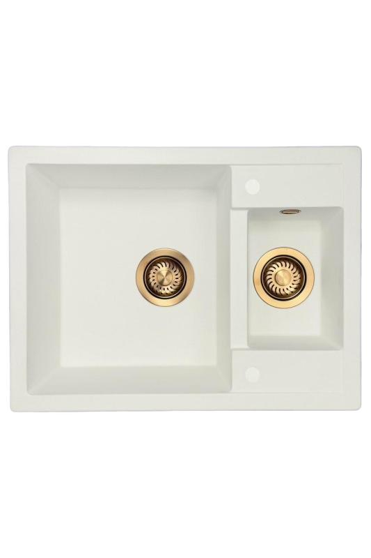 GraniteMy Smart extra peu profond 1,5 éviers en granit blanc de surface 58x44cm avec bouchon de cuivre 1208970052