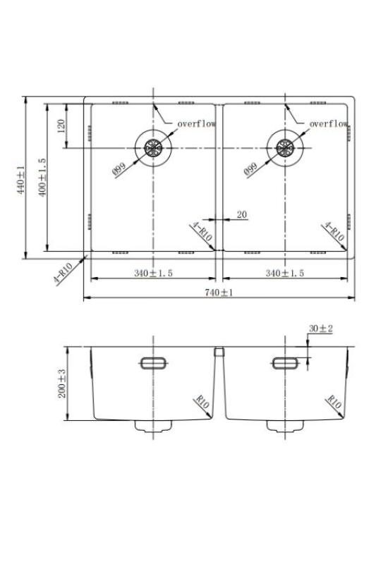 Pure.Sink Prestige Double Évier doré 70x40 cm 10mm rayon sous-montage, montage à fleur et montage en surface PPG343440-60