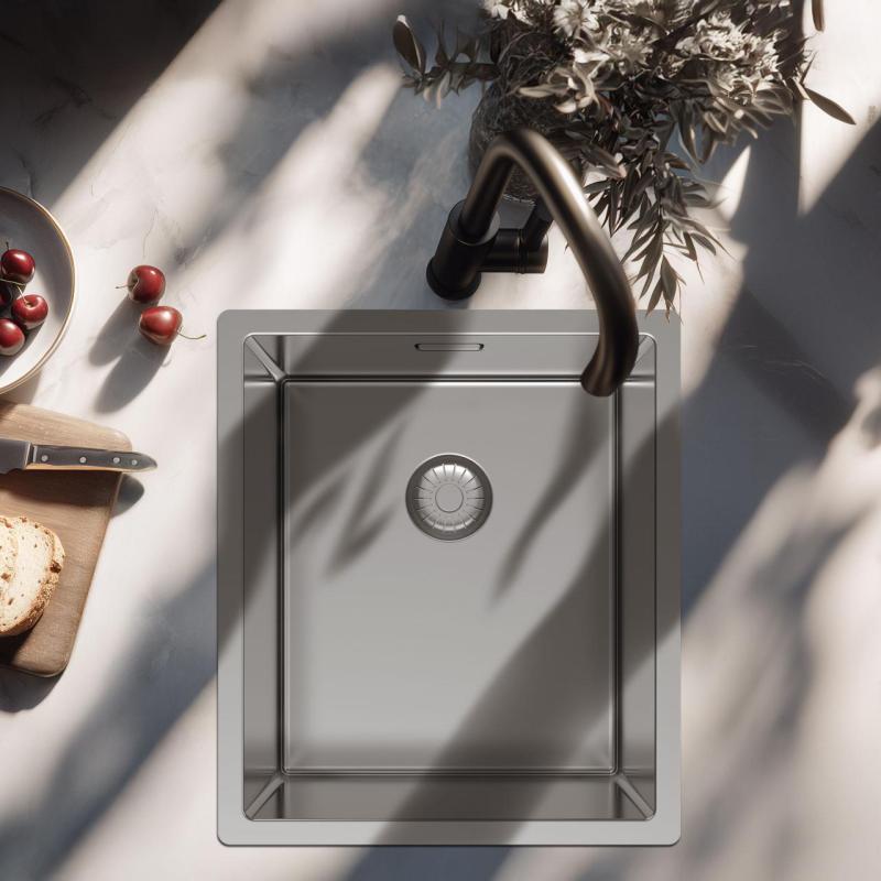 Pure.Sink Exclusivo évier en inox 34x40 cm avec rayon de 10mm pour montage sous plan, à fleur et sur plan PEX3440-02