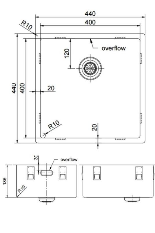 Pure.Sink Exclusivo Évier doré 40x40 cm rayon de 10mm sous plan, à fleur et en saillie PEX4040-60