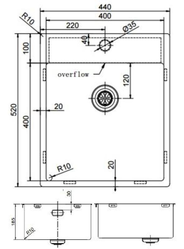 Pure.Sink Exclusivo évier en inox 44x52 cm Tapwing avec trou pour robinet, rayon 10mm PEX4040T-02