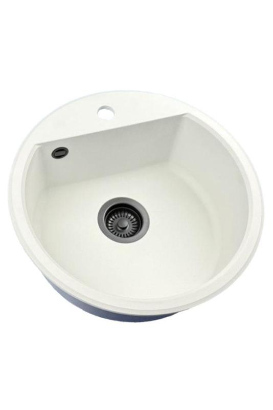 GraniteMy Bremen évier rond en granit de 43 cm blanc encastrable et sous-meuble avec trou pour robinet et bouchon noir 1208971312