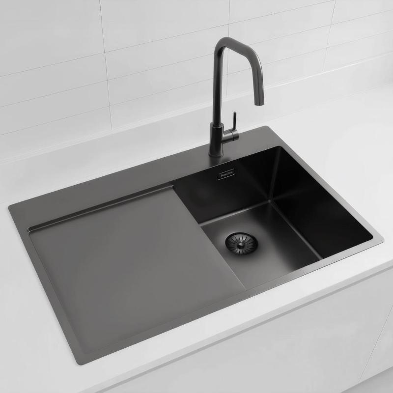 Pure.Sink Exclusivo Gun Metal petit évier avec zone d'égouttage 78x52 cm Tapwing à droite PEX3478RT-61